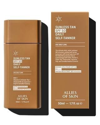 Allies of Skin Daily SPF 50 Daily Self Tanner for Face, 1.7 Fl Oz | Builds A Natural, Streak-Free Tan While Shielding From Uv, Lightweight Gel With Vitamin C For An Even, Sun-Kissed Glow