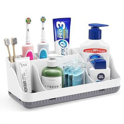 Bathroom Counter Organizer and Storage, 7 Slots Detachable Toothbrush Holders for Bathrooms, Anti-Slip Electric Toothbrush and Toothpaste Holder Countertop Vanity Organizer Accessories for Adults Kids