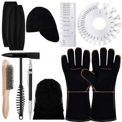 Kingdder 9 Pcs Welding Tools and Accessories Kit Chipping Hammer Hat Insulated Sleeves Gloves Wire Brush Thickness Gauges Marker Pen & Storage Bag Welding Slag Removal Kit for Starter and Beginner