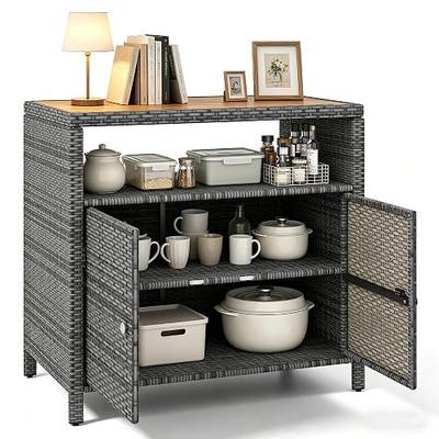 RELAX4LIFE Wicker Outdoor Bar Cabinet - PE Rattan Patio Bar Table w/Acacia Wood Countertop, Open Shelf & 2 Doors, Buffet Sideboard Organizer for Garden Backyard Pool, Outside Storage Cabinet (Grey)