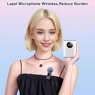 Wireless Voice Amplifier with Magnetic Lavalier Microphone for Teachers, Portable Speaker and Wireless Clip On Microphone Support Voice Recording, Mini Megaphone System for Classroom, Meeting
