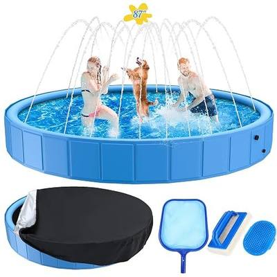 Foldable Dog Pool, 87in Large Sprinkler Pool with Cover, Heavy Duty Dogs Splash Pad with Sprinkler Bathtub for Large Medium Small Pets Summer Outside Water Playingng
