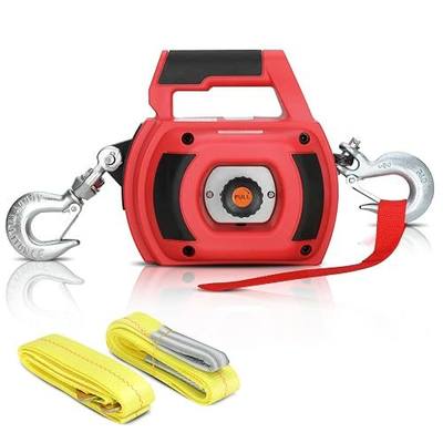 Portable Drill Winch of 1500 LB, Red Handheld Drill Winch with 40 Foot Synthetic Rope, Rotate The Hook 360 Degrees, for Lifting & Dragging(Down Strap with D Rings)