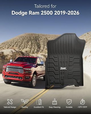 3W Floor Mats for 2019-2025 2026 Ram 2500/3500 Crew Cab with Bucket Seat (Not for PTO KIT Models), All Weather TPE Custom Fit Dodge Ram 2500/3500 Floor Liners 1st & 2nd Row (for Carpet Floor), Black
