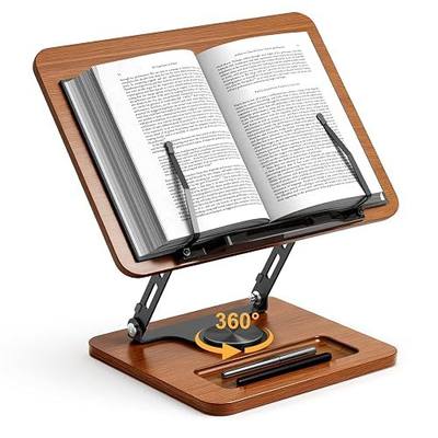 OPTIXCELL Book Stand for Reading, 360° Rotating Book Holder, Page Clips | Hands Free, Built-in Storage Tray, Adjustable Height Angle, Non-Slip, Foldable 13.3x9.4x1.9in, Fits Cookbook Tablet & Laptop