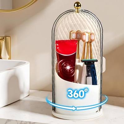 3 Slots Rotating Toothbrush Holders with Lid for Bathroom | Coverd Tooth Brush Holders for Countertop, Concealed Makeup Brush Holder, Toothpaste Holder-White