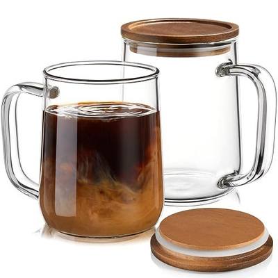 Glass Coffee Mugs, 16 oz Glass Coffee Cups with Acacia Wood Lids, Clear Borosilicate Glass Mugs with Handles for Cappuccino, Tea, Latte, Hot/Cold Beverages, Wine, Americano, Set of 2
