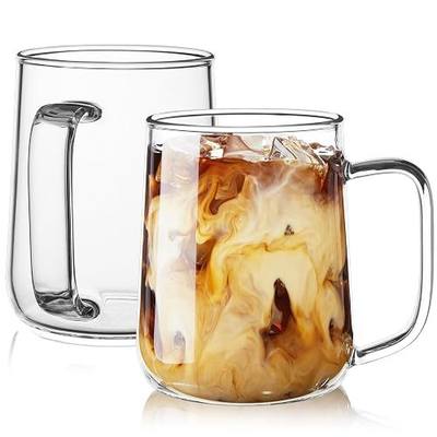 Glass Coffee Mugs, 16 oz Glass Coffee Cups Set of 2, Clear Borosilicate Glass Mugs with Handles for Cappuccino, Tea, Latte, Hot/Cold Beverages, Wine, Americano