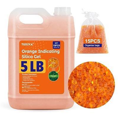 TUXIYA 5 LBS Orange Indicating Silica Gel Desiccant Beads,(Industry Standard 3-5 mm) Rechargeable Silica Gel Beads for 3D Filament, Electronic Devices, Camera, Jewelry, Safe(15PCS Organza Bag)