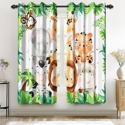 Renaiss 26 x 63 Inch Safari Animal Curtains for Nursery Decor Tropical Rainforest Lion Tiger Elephant Giraffe Blackout Curtains African Jungle Green Leaf Drapes for Kids Baby Bedroom Playroom 2 Panels
