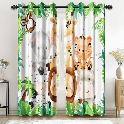 Renaiss 52 x 84 Inch Safari Animal Curtains for Kids Tropical Rainforest Lions Tigers Elephants Giraffes African Jungle Tree Green Leaf Print Window Drapes for Nursery Baby Bedroom Playroom 2 Panels