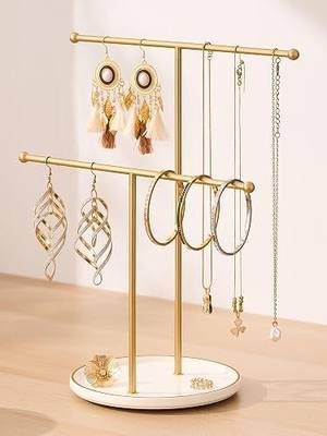 Gold Jewelry Holder Stand with Ceramic Tray: Small Hanging Necklace Organizer Tree for Earrings, Bracelets, Rings – Jewelry Display Hanger for Women & Girls, White