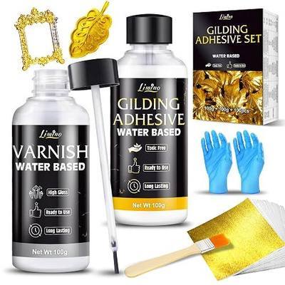 Gold Leaf Gilding Adhesive Kit - 3.5oz Water Based Glue and 3.5oz Varnish with Brush, Gold Foil Sheets 100 pcs, Gilding Adhesive Set for Foil Arts, Crafts, Painting, Furniture and Decoration
