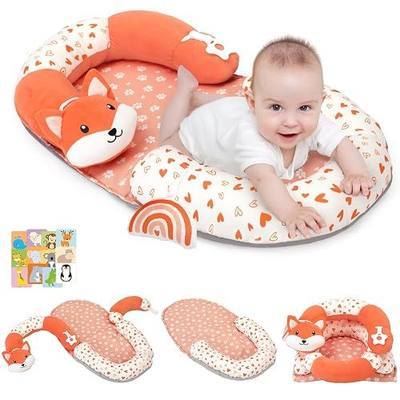 4 in 1 Tummy Time Mat with Educational Cards, Play Mat & Sitting Support for Newborn 0-12 Months, Infant Baby Sit Me Up Floor Seat, Sensory Skills Gifts, Fox