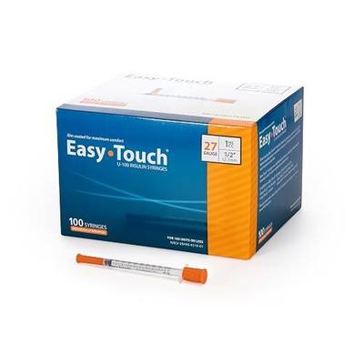 EasyTouch IW U-100 Insulin Syringes (27G 1.0cc 1/2") - 100 ct. | Individually Wrapped, 100 Unit Capacity, 1/2" Needle Length, Bold Markings for Accurate Dosing, Disposable, Box of 100