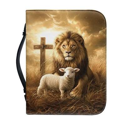 FOR U DESIGNS Lion Lamb Cross Bible Cover for Women Extra Large PU Leather Bible Carrying Case Bag Thick Bible Protection Outdoor Church Travel 11x8x2.1 Inches