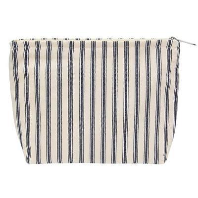 Flat Makeup Bag for Women,Zipper Cosmetic Pouch,Vintage Stripe Navy Blue | Canvas-Lined Makeup Organizer for Purse, Cosmetics, Toiletries, Skincare, Travel Essentials, Brushes, Lipstick and Sunscreen