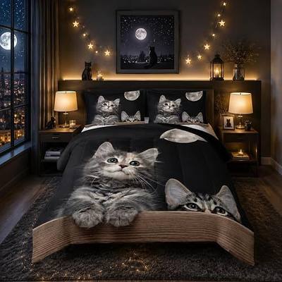Nttopship Kids Cute Cat Comforter Bedding Set Queen,Grey Kawaii Pet Cat Bedding Set 3 Piece for Teens Kids Boys Girls Adults Animals Pattern Room Decor Soft Comforter with 2 Pillowcases
