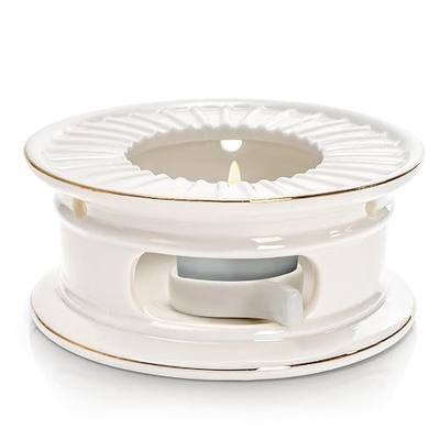 Ceramic Teapot Warmer, Gold Rim Teapot Heater with Tealight Holder, White Porcelain Tea Kettle Holder Warming Base for Heating Coffee, Milk, Water, Soup