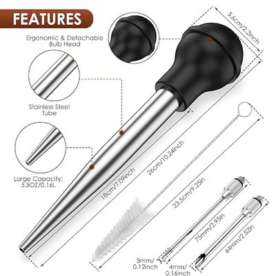 2 Pack Stainless Steel Turkey Baster Syringe for Cooking, Large Meat Injector with 4 Needles & 2 Brushes, Silicone Bulb Baster for BBQ Thanksgiving Kitchen, Dishwasher Safe