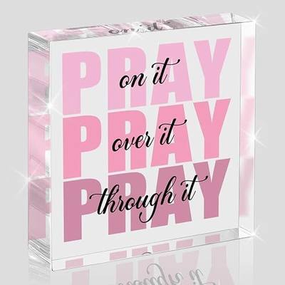 Pink Room Decor, Inspirational Christian Gifts for Women, Pink Dorm Bathroom Room Decoration, Office Decor for Women, 4 X 4 Inches Acrylic Office Desk Accessories Decoration Wall Art Sign-Pray through it
