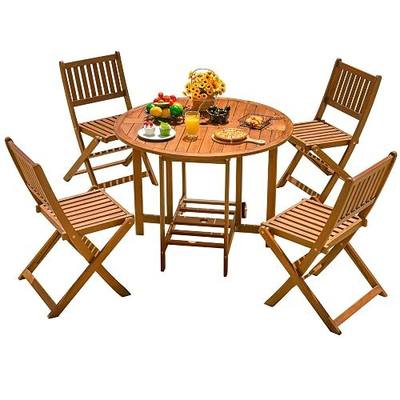 Devoko 5 PCS Patio Furniture, Patio Dining Set Acacia Wood Outdoor Table and Chairs, with 4 Folding Chairs and 37" Round Movable Table, Outdoor Dining Set for Lawn, Balcony, Garden (Light Brown)