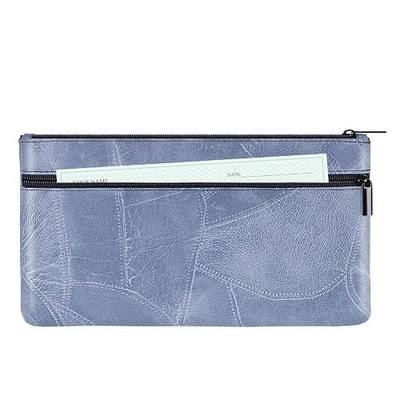 HAUTOCO Money Bag with Zipper 11 x 6.1 inch Embossed Deposit Money Pouch with Lined PU Leather Bank Bag Two Pockets Utility Wallet for Cash Check Receipt Coins Cosmetics, Pale Blue