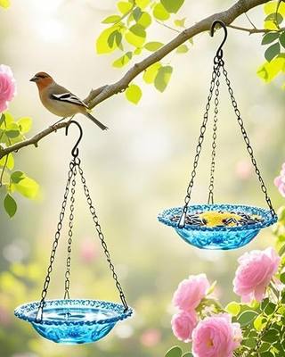 2 Pack Hanging Bird Baths and Feeders for Outdoors, Plastic Bird Bath Bowl & Hanging Feeder for Garden Yard Decor,Nature Blue