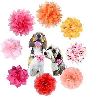 Dog Collar Flower Attachment, 8Pcs/4 Styles Cat Flowers Collar Charm Accessories,Chiffon Slide-on Flower Bows for Puppy Pet Grooming,Multicolored Pinky Series