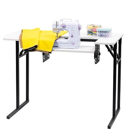 Vividwood Portable Folding Sewing Table, Multipurpose Sewing Machine Table with Adjustable Shelf (Warm White)
