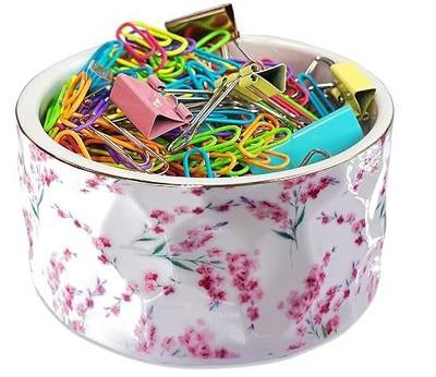 Paper Clip Holder Ceramic Paper Clip Holders Floral Paperclips Holder Dispenser Cute Gold Line Paper Clip Organizer for Desk Binder Clip Holder Bobby Pin Hair Clip Holder Gift for Office Pink Flowers
