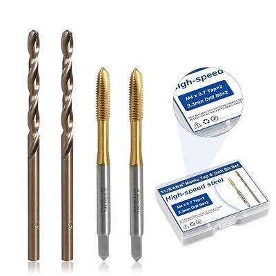 Metric Tap & Drill Bit Set, 2Pcs M4×0.7 HSS 6542 Taps & 2Pcs 3.3mm M35 Cobalt Drill Bits, for Furniture, Metal, DIY Projects