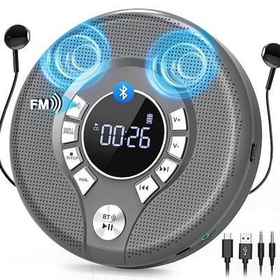 Greadio Portable CD Player with Bluetooth, FM Transmitter for Car Home Use, Rechargeable CD Player with Headphones & Speakers, Anti-Skip, Personal Small Music Player, USB/AUX/LCD (Grey)