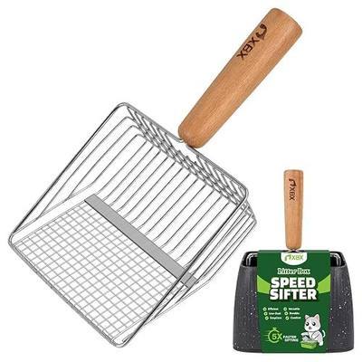 XBX Cat Litter Scoop with Holder, Heavy Duty Litter Sifter, Stainless Steel Litter Shovel, Litter Scooper with Beech Wood Grip and Washable Stand, Perfect for Cat Litter Box Cleaning