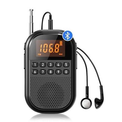 Pocket AM FM Radio,1100mAh Rechargeable Radio,Bluetooth Reveiver - Black | Mini FM AM Receiver with Large Speaker, 24H Playback, Stereo Earphone, Sleep Timer, Easy to use for Jogging, Walking