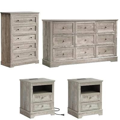 LOUVIXA Farmhouse Bedroom Sets of 4, Including 9 Drawer Dresser, 5 Drawer Dressers and Nightstand Set of 2 with Charging Station (Grey Sets, 4 Pieces)