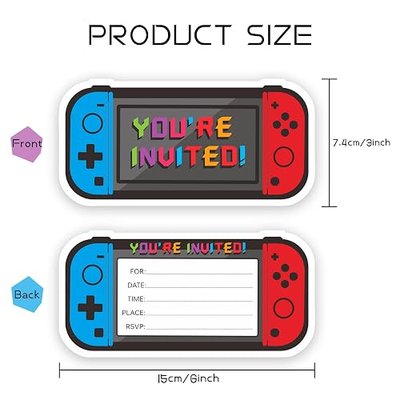 Video Game Birthday Party Invitations- 3x6 Inch Double-Sided Invite Cards with 20 Envelopes, Game Party Decoration, Birthday presents for boys (20 invitations + 20 Envelopes)