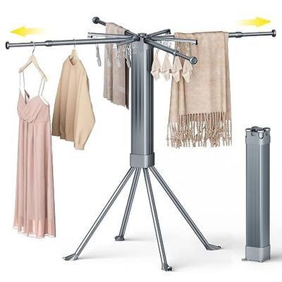 BIREN Clothes Drying Rack Foldable Extending Laundry Rack with 16 Clips Collapsible Clothing Rack Space-Saving Clothing Racks for Hanging Clothes, Indoor, Camping, Balcony, Outdoor