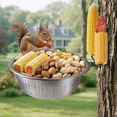 Squirrel Feeder with 8.5" Colander Bowl Tree/Fence Mounted, 2 Corn Cob Spikes for Various Food Backyard, Metal Squirrel Feeders for Outside, Removable Feed Bowl Nice to Clean/Refill,1 Set