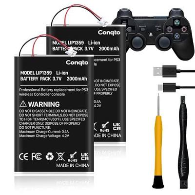 (2 Pack) Battery for PS3 Controller, (2000mAh) 2026 Upgraded High Capacity Batteries for Sony PlayStation 3 Dualshock 3 CECHZC2E CECHZC2U Controller with USB Cable and Repair Tool Kit