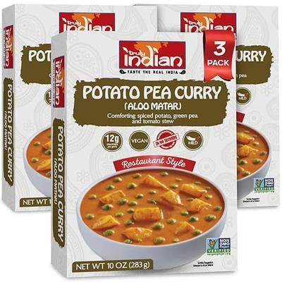 Truly Indian Potato Pea Curry (Aloo Matar) 10 Ounce 3-Pack | Authentic Traditional Indian food | Made Fresh in India With Locally Grown Ingredients | Ready to Eat, Vegan, Microwaveable Meal