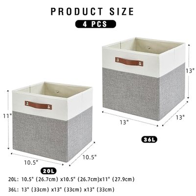 Collapsible Fabric Storage Cube Bins with 2 Reinforced PU Handles, Foldable Storage Organizer Baskets for Closet, Shelves, Living Room | 13"x13"x13", 4 Pack, Gray & White