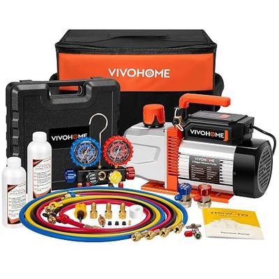 VIVOHOME VG Series AC Vacuum Pump and Gauge Set, 3/4 HP 7.2CFM 2 Stage HVAC Vacuum Pump and 4 Way Manifold Gauge Kit with 5ft Hoses for R134a R12 R22 R502 R410a Auto HVAC Systems Commercial Use