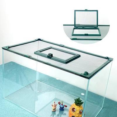 Magnetic Fish Tank Cover with Feeding Window Green Frame Grey Fiberglass Mesh, DIY Fish Tank Lid Adjustable Size Fit Tank Size Max 35''X19'' for Preventing Fish from Jumping Out and Reptile Escaping