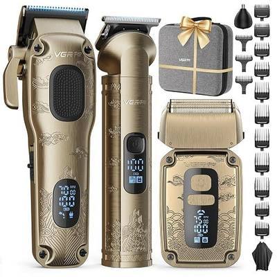 VGRPRO Hair Clippers for Men, Beard Trimmer, Foil Shaver 3-in-1 Clipper Set | Cordless Grooming Kit, 14 Guide Comb (Left/Right Ear Taper), Nose Trimmer Head, 4-Speed Setting Shaver, LED Display, EVA case