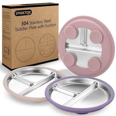 SPMKTQK 3 Pack Stainless Steel Kids Plates, Suction Divided, Baby Feeding | 304 Stainless Steel Plates | Removable Silicone Sleeves | Non Slip | Dishwasher Safe | Baby Led Weaning Feeding Essentials