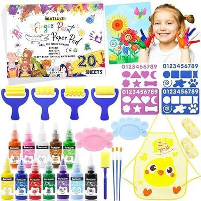 45PCS Kids Washable Finger Paint Kit,12 Colors | Non Toxic Finger Paints,Art Painting Supplies for Toddlers - Paper,Brushes,Sponges,Children Drawing Gifts for Kids Boys Girls