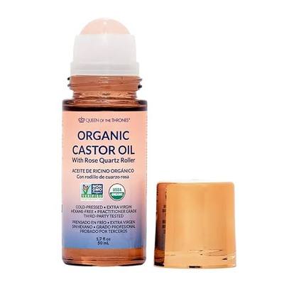 QUEEN OF THE THRONES® Organic Golden Castor Oil Roll-On with Rose Quartz | 100% Pure for Skin, Brows & Lashes and less mess Castor Oil Packs | Hexane-Free | USDA Certified | Cold-Pressed 1.7oz (50mL)