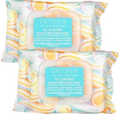 Pacifica Makeup Remover Face Wipes - 2-Pack Daily Facial Cleansing Exfoliating Towelettes - Biodegradable - Organic - w/Gycolic Acid - Clean Beauty Vegan & Cruelty-Free Dermatologist Tested 60 Count