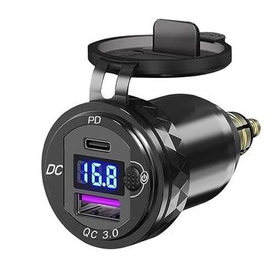 Motorcycle DIN/Hella USB Charger (NOT for Car Cigarette Socket), 36W PD3.0 & 18W QC3.0 Power Adapter with Switch, Voltmeter, Waterproof USB-C & USB-A Plug for BMW Ducati Triumph